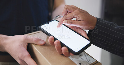 Buy stock photo Hands, box or sign for delivery with phone screen for order confirmation, shipment POD or supply chain. Logistics, people or parcel with digital signature for courier service, compliance or ecommerce
