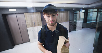 Buy stock photo Delivery man, glass and package at front door with smile, service and ecommerce with pov in lobby. Happy person, courier and paper bag with order, online shopping and shipping with product in hallway