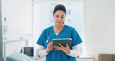 Buy stock photo Woman, nurse and tablet in hospital for healthcare schedule, information or review medical history. Technology, person and worker in clinic to scroll email, update report and research on internet