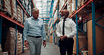 Discussion, men or manager in storage warehouse for planning, inventory inspection or shipment integrity. Depot evaluation, talk or mature supervisor with shelf efficiency idea, logistics or delivery