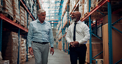 Buy stock photo Discussion, men or manager in storage warehouse for planning, inventory inspection or shipment integrity. Depot evaluation, talk or mature supervisor with shelf efficiency idea, logistics or delivery