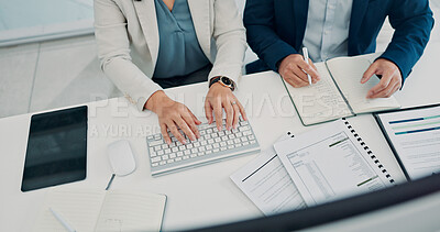 Buy stock photo Paperwork, above and hands business people in office for finance report, budget review and research. Corporate, typing and man and woman with documents, financial proposal and writing for planning