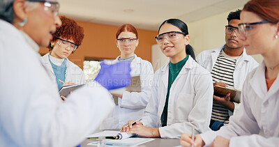 Buy stock photo Science teacher, students and learning with lesson for education or experiment together in class. Group, learners and listening with mentor for scientific results, studying or asessment in school lab