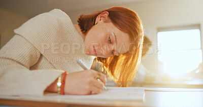 Buy stock photo Student, girl and writing in high school with exam, assessment and problem solving for skill development. Teenager, learning and notes in classroom with education, knowledge and study for curriculum.