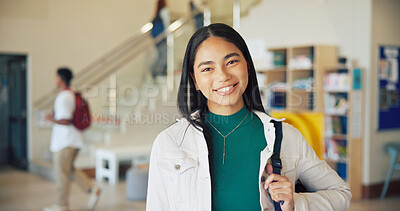 Buy stock photo Learning, portrait and smile of girl student on high school campus for development or growth. Education, future and study with happy teen learner in academy hallway for knowledge or opportunity
