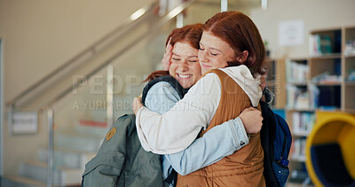 Buy stock photo Education, greeting and hug with girl friends on high school campus for development. Embracing, learning and smile of excited teen students in hallway together for academic future, bonding or study