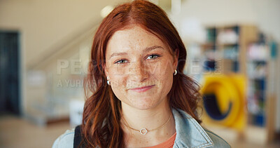 Buy stock photo Education, future and portrait of girl student on high school campus for development or growth. Learning, smile and study with happy teen learner in academy hallway for knowledge or opportunity