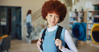 Buy stock photo Education, happy and portrait of girl student on high school campus for development or growth. Learning, smile and study with teen learner in academy hallway for future, knowledge or opportunity