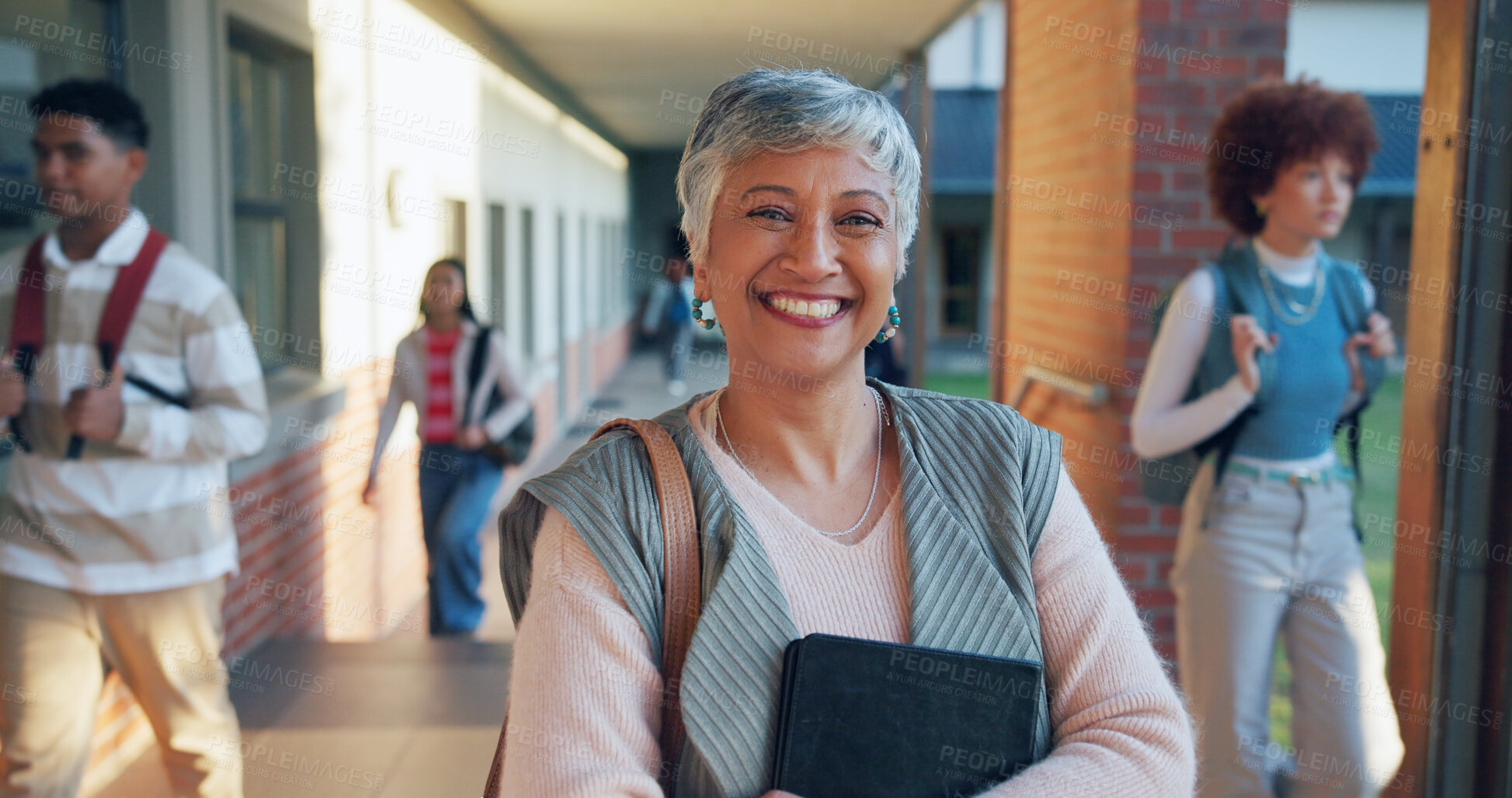 Buy stock photo Mature woman, portrait and teacher with confidence in school for higher education or learning. Female person, happy instructor or academic professor with smile for tutoring service or help on campus
