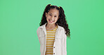 Smile, child and portrait on green screen in studio with mockup space, casual fashion and growth. Happy kid, cute girl and adorable with stylish clothes, trendy outfit and pride on background