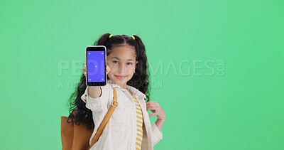 Buy stock photo Green screen, phone and girl with smile for portrait, app promotion or advertising for digital education. Mockup space, student or child show mobile in studio, elearning site or platform announcement