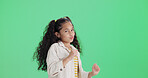 Portrait, child and girl by green screen with dancing, pout and celebration on studio background. Space, happy kid and playful with funny face, movement or rhythm for childhood development milestone.