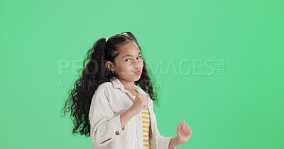 Buy stock photo Portrait, child and girl by green screen with dancing, pout and celebration on studio background. Space, happy kid and playful with funny face, movement or rhythm for childhood development milestone.