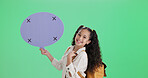 Student, portrait and child with speech bubble, green screen and happy for back to school or opinion. Studio background, mockup space and sign with tracking markers, girl and smile for announcement