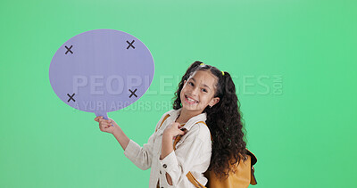 Buy stock photo Student, portrait and child with speech bubble, green screen and happy for back to school or opinion. Studio background, mockup space and sign with tracking markers, girl and smile for announcement