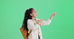 Discount, point or girl in studio with green screen, announcement or excitement with choice list. Good news, mockup space or child with sale, bonus advertisement and promotion on chromakey background