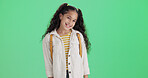 Smile, kid and portrait on green screen in studio with mockup space, casual fashion and growth. Happy child, cute girl and adorable with stylish clothes, trendy outfit and pride on background