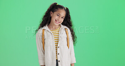Buy stock photo Smile, kid and portrait on green screen in studio with mockup space, casual fashion and growth. Happy child, cute girl and adorable with stylish clothes, trendy outfit and pride on background