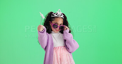 Buy stock photo Girl, portrait or wand with costume in studio for halloween party or dress up on a green background. Child, kid or princess with fairy tale outfit, fashion or style for magic or cosplay on space