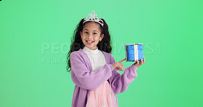 Buy stock photo Happy princess, portrait or green screen with gift box for birthday present on a studio background. Person, girl or child with tiara or wrapped prize for party offer or celebration on mockup space