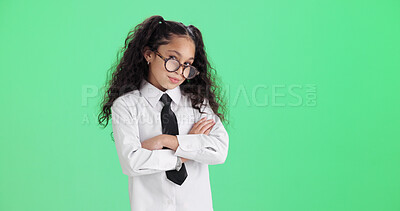 Buy stock photo Business, child and fashion with arms crossed in studio for dress up, about us and formal attire. Mockup space, kid and role play with portrait, professional clothes and pretend on green background