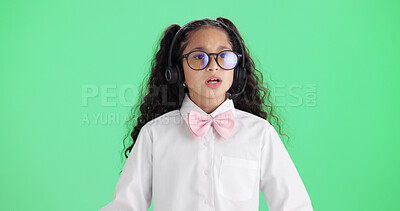 Buy stock photo Green screen, headset and thinking with girl child in studio as call center agent for fantasy game. Costume, ideas and imagine with female kid isolated on mockup space for pretend customer support