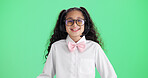 Green screen, headset and portrait of happy girl child in studio as call center agent for fantasy game. Costume, imagine and smile of female kid isolated on mockup space for pretend customer support