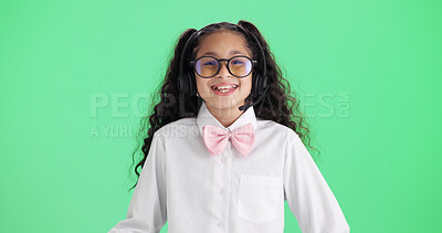 Buy stock photo Green screen, headset and portrait of happy girl child in studio as call center agent for fantasy game. Costume, imagine and smile of female kid isolated on mockup space for pretend customer support