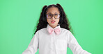 Green screen, headset and portrait of girl child in studio as call center agent for fantasy game. Consulting, costume and imagine with female kid isolated on mockup space for pretend customer support