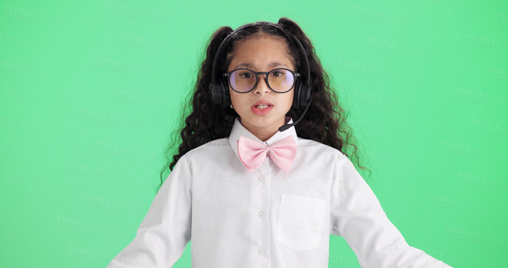 Buy stock photo Green screen, headset and portrait of girl child in studio as call center agent for fantasy game. Consulting, costume and imagine with female kid isolated on mockup space for pretend customer support