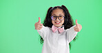 Happy girl, portrait or studio with thumbs up for call center cosplay on a green background. Child, kid agent or junior consultant with smile, like emoji or yes sign for role play or pretend on space