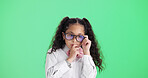 Studio, think and business kid with glasses, mindset or problem solving with cosplay on space. Idea, eyewear and serious girl child with vision, professional insight or pretend on green background