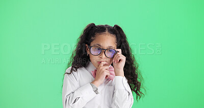 Buy stock photo Studio, think and business kid with glasses, mindset or problem solving with cosplay on space. Idea, eyewear and serious girl child with vision, professional insight or pretend on green background