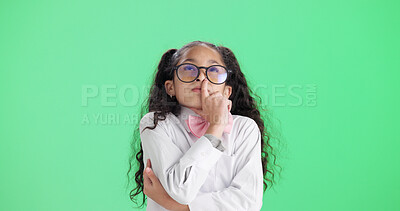 Buy stock photo Thinking, child and student with glasses in studio with vision, planning and ideas for education. Mockup space, kid and brainstorming with eyewear, question decision and knowledge on green background