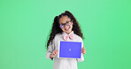 Green screen, tablet and girl with smile for portrait, app promotion or advertising for digital education. Mockup space, student or child with tech in studio, elearning site or platform announcement