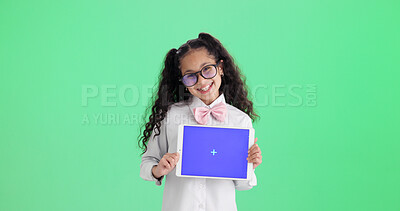 Buy stock photo Green screen, tablet and girl with smile for portrait, app promotion or advertising for digital education. Mockup space, student or child with tech in studio, elearning site or platform announcement