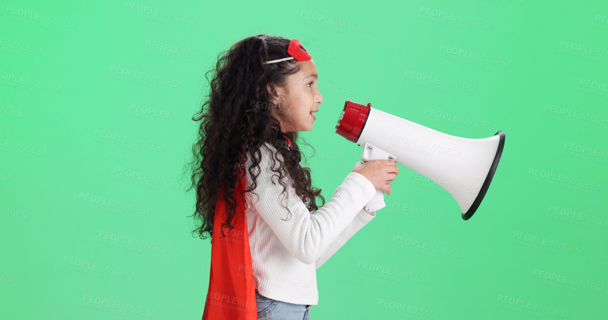 Buy stock photo Green screen, megaphone and girl with superhero costume,  announcement and news for bullying campaign. Space, promotion and child with cosplay for justice message, bullhorn and studio to stop crime