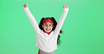 Green screen, portrait and girl with hero costume,  announcement and celebrate for bullying campaign. Mockup space, winning and child in cosplay for justice fight, smile and studio to stop crime