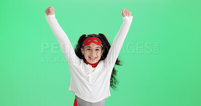 Buy stock photo Green screen, portrait and girl with hero costume,  announcement and celebrate for bullying campaign. Mockup space, winning and child in cosplay for justice fight, smile and studio to stop crime