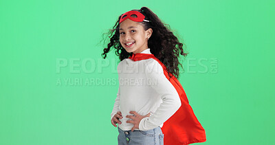 Buy stock photo Green screen, portrait and girl with superhero costume,  announcement and pride for bullying campaign. Mockup space, confident and child in cosplay for justice message, smile and studio to stop crime