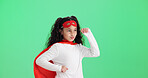 Green screen, studio and girl with superhero costume, announcement and fantasy for bullying campaign. Mockup space, promotion and child in cosplay for justice fight, smile and brave to stop crime