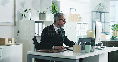 Buy stock photo Research, planning and computer with business man in office for stock market broker, reading and account report. Risk assessment, online and investor trading with mature person for virtual advisor