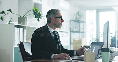 Buy stock photo Corporate, businessman and research in office with computer, financial statements and accounting admin. Mature person, browsing and reading in workplace with desktop, audit planning and check email.