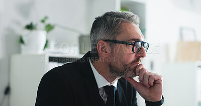 Buy stock photo Serious, thinking and businessman with glasses, office and planning for wealth management or ideas. Corporate, financial advisor and mature person with eyewear, wonder and reflection for investment