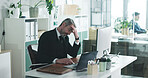 Man, financial advisor and headache with laptop at office with stress, tired or pain at investment company. Mature person, broker and exhausted with pc, migraine and frustrated with burnout at agency