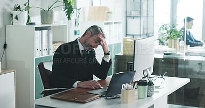 Buy stock photo Man, financial advisor and headache with laptop at office with stress, tired or pain at investment company. Mature person, broker and exhausted with pc, migraine and frustrated with burnout at agency