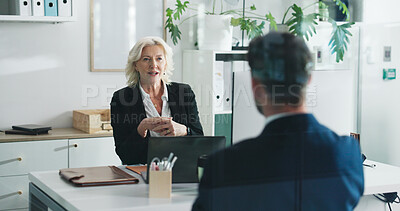 Buy stock photo Discussion, job interview and business people in office with hiring, recruitment or contract. Meeting, professional and hr manager with candidate for employment process with vacancy in workplace.