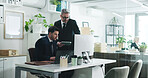Corporate, businessmen and talk in office with computer, tablet or planning for accounting mentorship. People, meeting or chat in workplace with desktop, audit training or financial statement review.