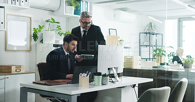 Buy stock photo Corporate, businessmen and talk in office with computer, tablet or planning for accounting mentorship. People, meeting or chat in workplace with desktop, audit training or financial statement review.