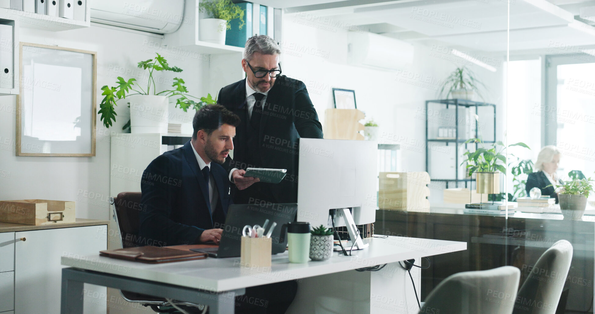 Buy stock photo Corporate, businessmen and talk in office with computer, tablet or planning for accounting mentorship. People, meeting or chat in workplace with desktop, audit training or financial statement review.